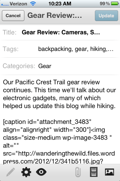 Editing a post in the WordPress iPhone app